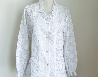 Blusa de encaje blanca vintage de los años 70 / S