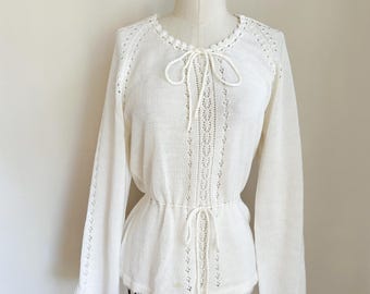 Vintage 1970s Cream Pointelle Sweater / M