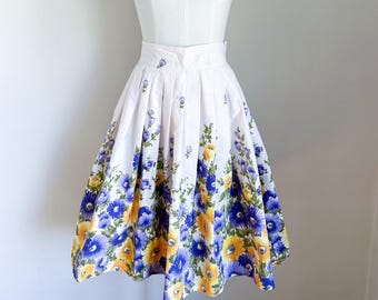 Vintage 1950s Yellow & Purple Floral Skirt / XS