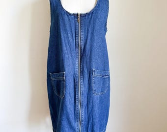 Vintage 1990s Zipper Front Denim Pinafore / M