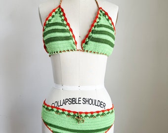 Vintage 1970s Green & Orange Crochet Bikini / XS-S