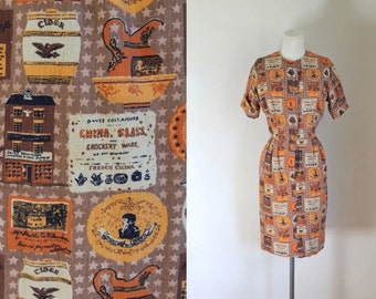 vintage 1960s novelty print dress general store print shirt dress s