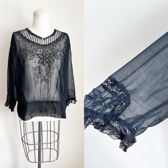 Vintage 1920s Black Beaded Sheer Blouse / L - image 1