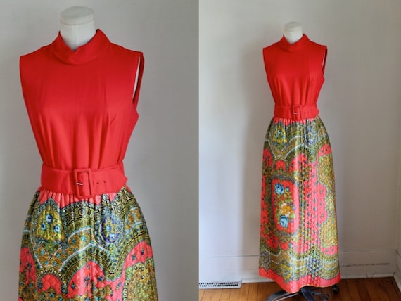 Vintage 1970s Quilted Psychedelic Maxi Dress / S