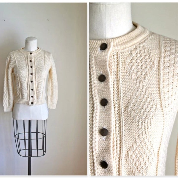 vintage 60s fisherman sweater - BLUE BIRD cream cropped cardigan / S-M