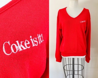 Vintage 1980s "Coke is it!" Coca Cola Red V-neck Sweater / M