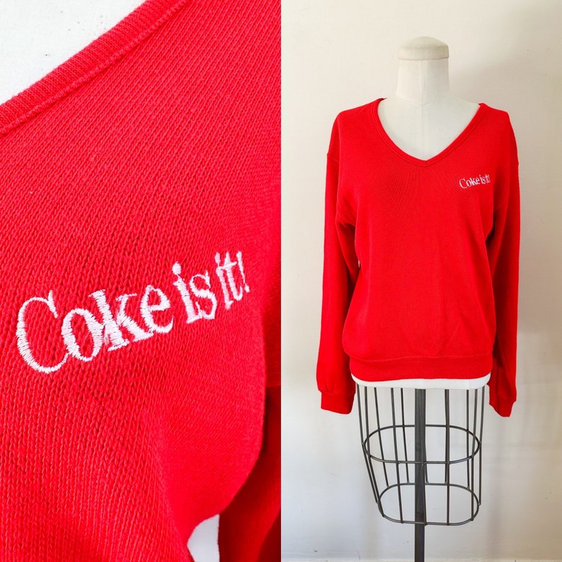 Vintage 1980s Coke is it Coca Cola Red V-neck Sweater / M image 1