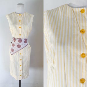 Vintage 1960s Yellow Striped Shirt Dress / M