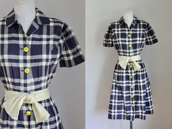 Vintage 1950s Pat Premo Checker Cotton Dress / XXS