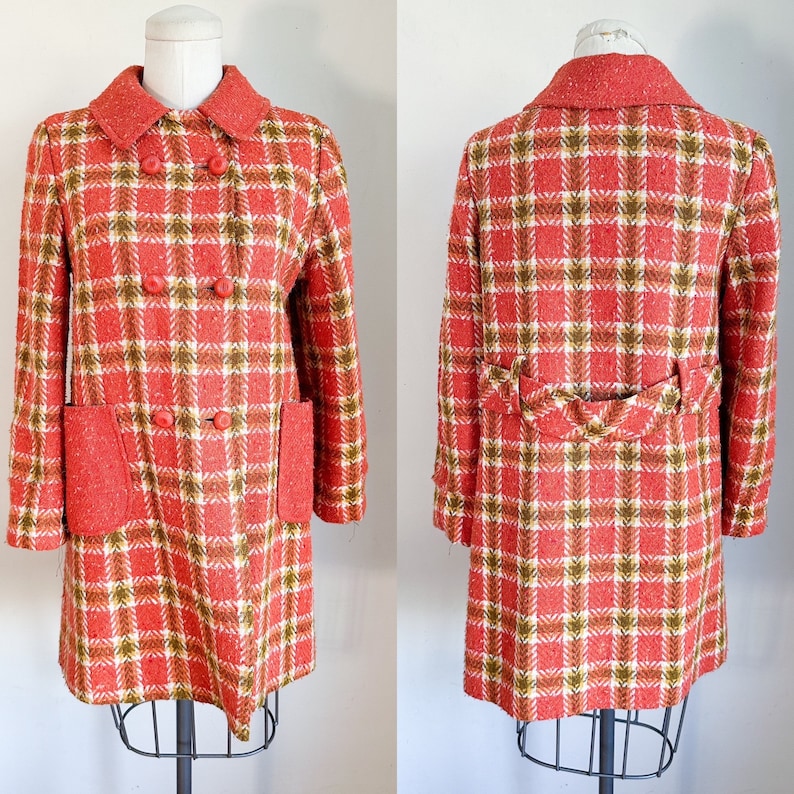 Vintage 1960s Orange Plaid Tweed Coat / XS image 1