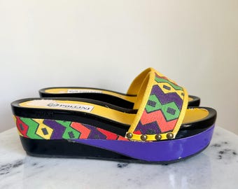 Vintage 1980s Pollini Italian Colorblock Platform Sandals / size 6.5