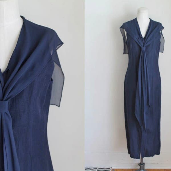 vintage sailor dress - DEEP SEA linen & silk navy dress / S/M