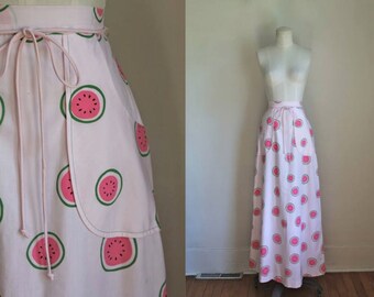 vintage vested gentress skirt - WATERMELON pink novelty print maxi / XS