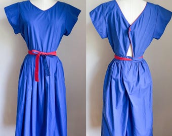 Vintage 1980s Blue & Red Color Block Open Back Dress / M