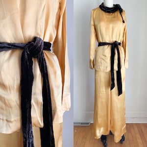 Vintage 1930s Mustard Silk Satin & Velvet Beach Pajamas / XS image 1