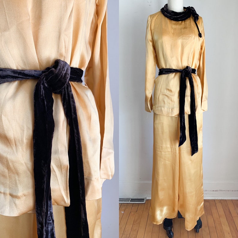 Vintage 1930s Mustard Silk Satin & Velvet Beach Pajamas / XS image 1