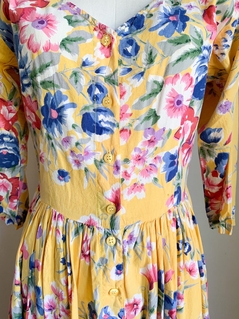 Vintage 1980s Yellow Floral Dress / S image 4