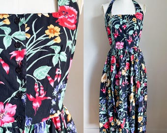 Vintage 1980s Black Floral Halter Sundress / XS-S