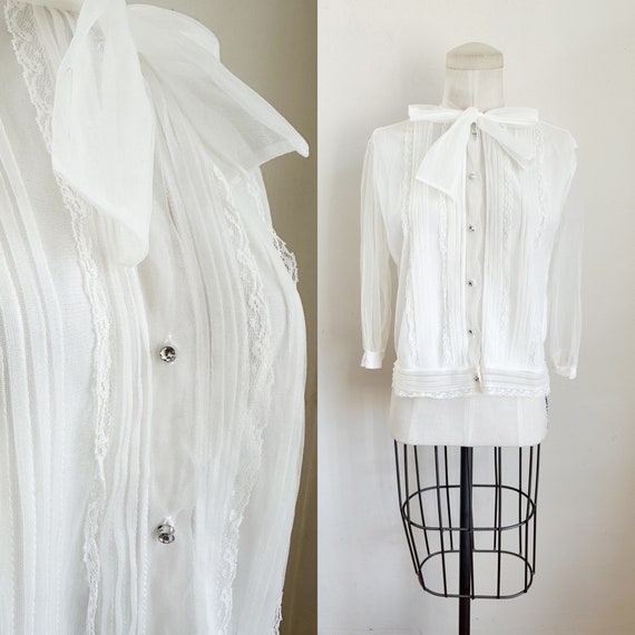 Vintage 1950s White Sheer Nylon Blouse / M - image 1