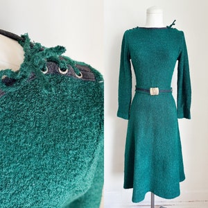Vintage 1960s Forest Green Boucle Knit Dress / S image 1