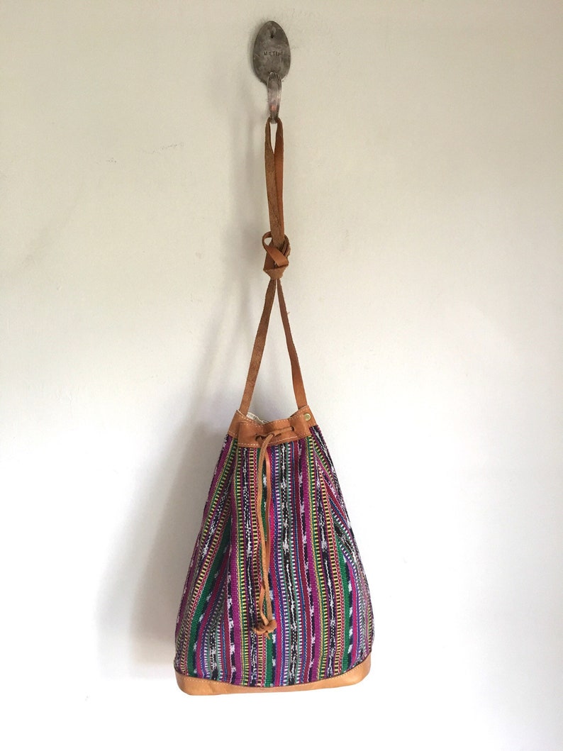 GUATEMALAN leather drawstring purse vintage tapestry bag