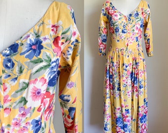 Vintage 1980s Yellow Floral Dress / S