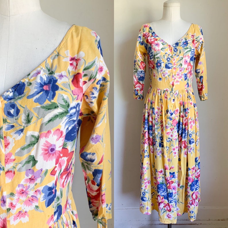 Vintage 1980s Yellow Floral Dress / S image 1