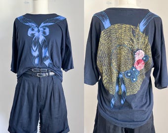 Vintage 1980s Sun Hat Novelty Print Sequined T-shirt / L
