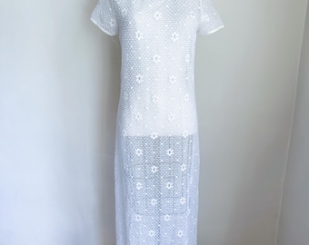 Vintage 1990s White Mesh Maxi Dress / Cover Up // XS-S