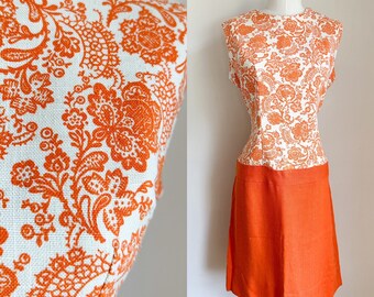 Vintage 1960s Orange Paisley Drop Waist Dress / M