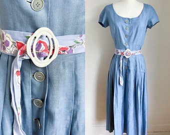 Vintage 1940s Dusty Blue Linen Dress / XS