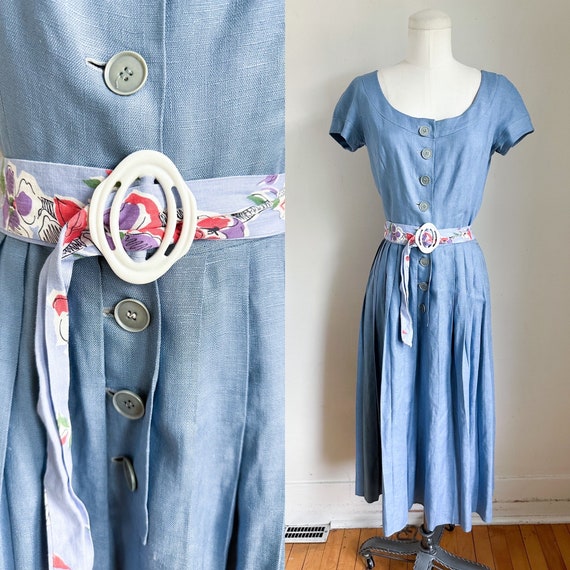 Vintage 1940s Dusty Blue Linen Dress / XS - image 1