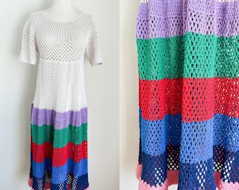 Vintage 1970s Hand Crochet Rainbow Dress / S-M