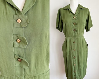 Vintage 1960s Avocado Green Day Dress / M