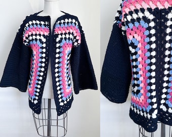 Vintage 1970s Granny Square Crochet Open Front Cardigan / one size fits many