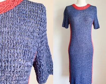 Vintage 1960s Navy & Red Silk Ribbon Dress / M