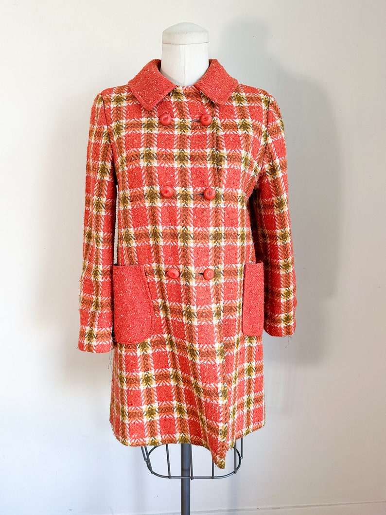 Vintage 1960s Orange Plaid Tweed Coat / XS image 2