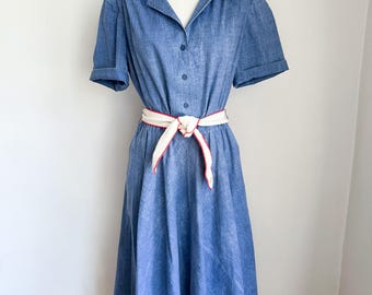 Vintage 1980s Denim Shirtwaist Dress / L
