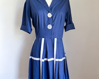 Vintage 1950s Navy Shirtwaist Dress / M