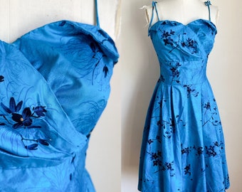 Vintage 1950s Peggy Wood Blue Hawaiian Sundress / XS-S