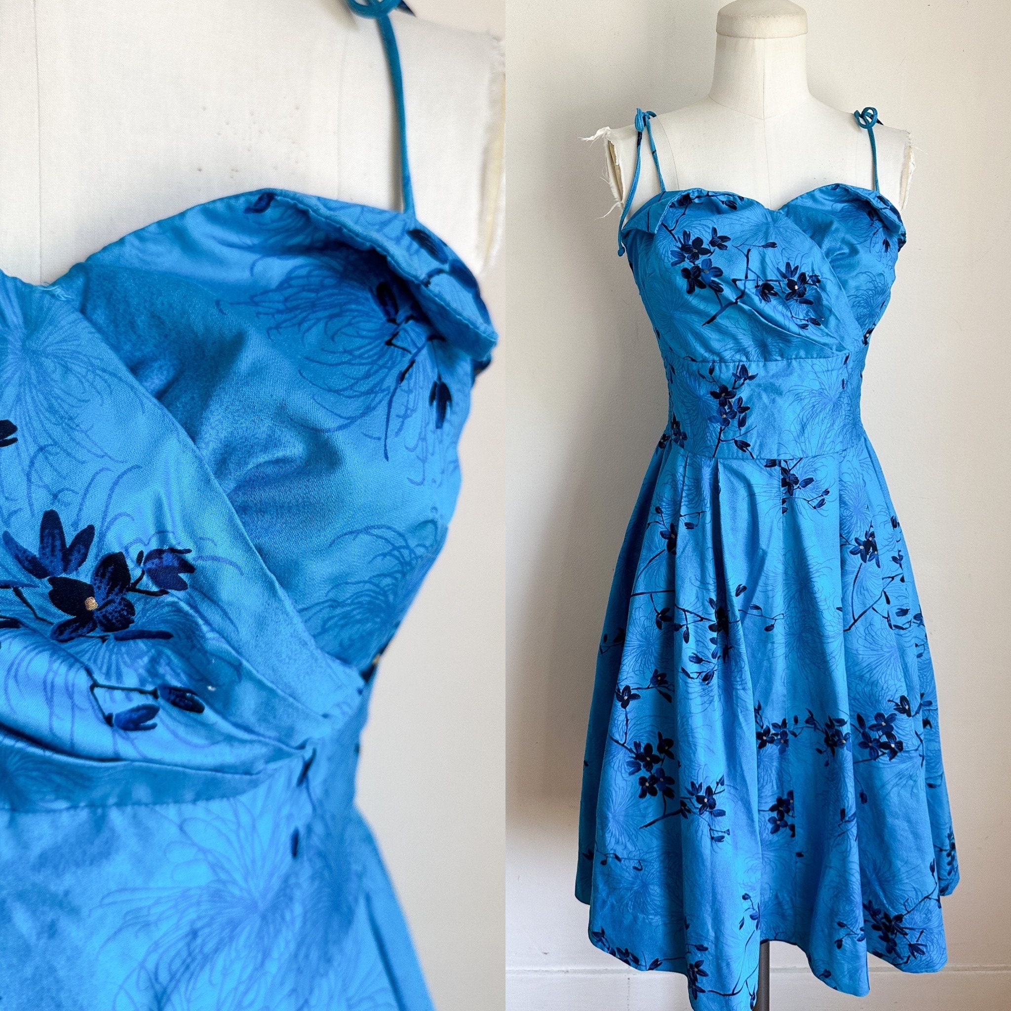 Vintage 1950s Peggy Wood Blaues Hawaii-Sommerkleid XS-S