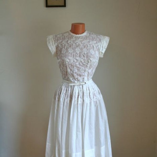 vintage 50s dress - FREESIA embroidered ivory dress / XS-S