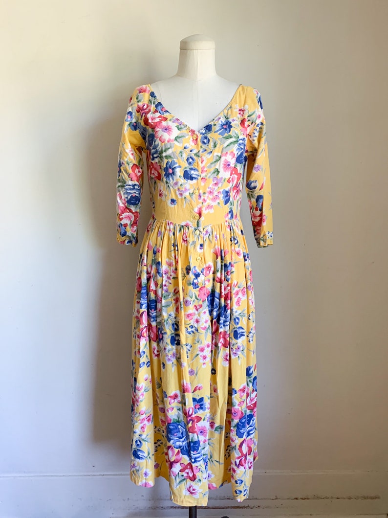 Vintage 1980s Yellow Floral Dress / S image 2