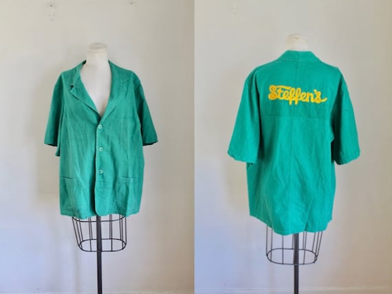 Vintage 1940s / 50s Teal Bowling Shirt / L-XL