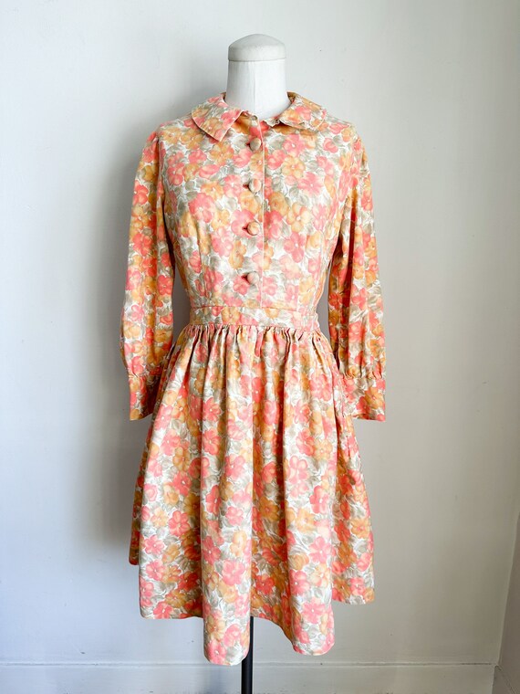 Vintage 1960s Orange Floral Long Sleeve Dress / XS - image 2