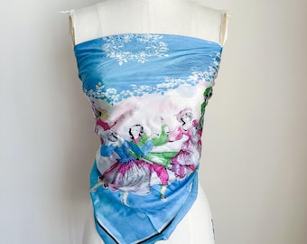 Pañuelo de seda vintage con estampado novedoso de bailarina rococó de los años 50