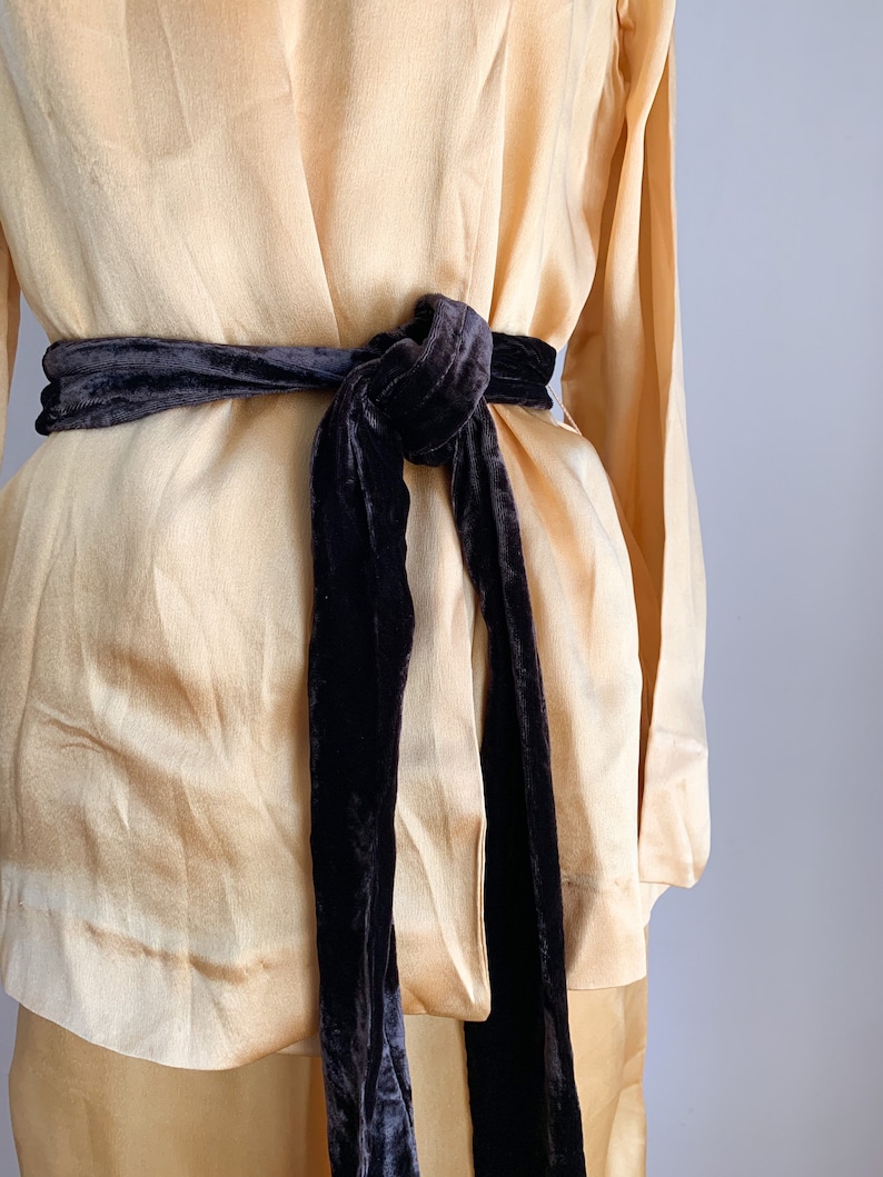 Vintage 1930s Mustard Silk Satin & Velvet Beach Pajamas / XS image 4