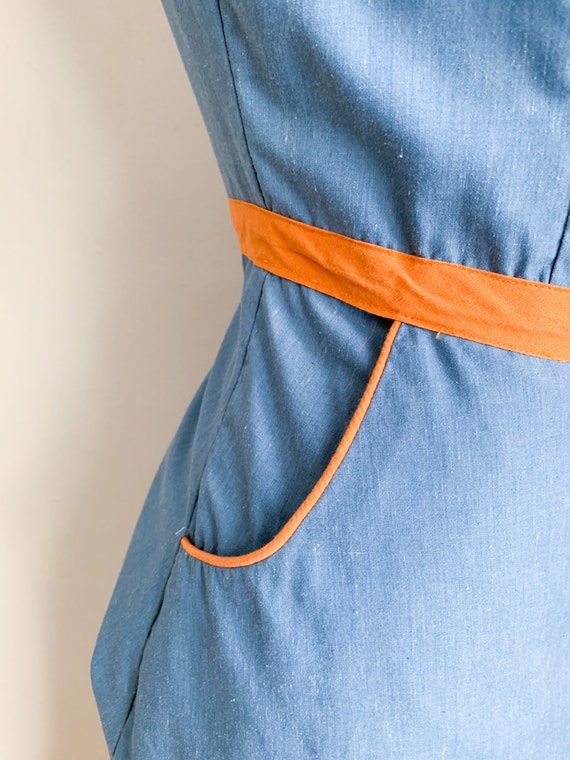 Vintage 1960s Blue Sundress with rust pipping / S - image 4