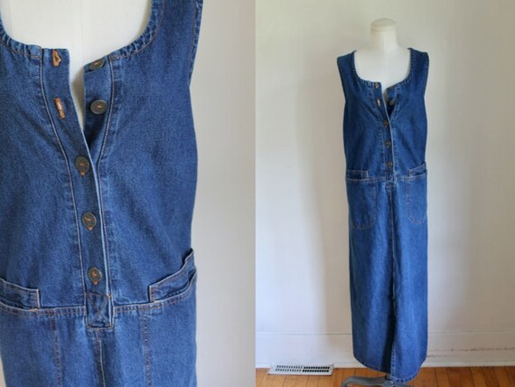 Vintage 1990s Denim Jumper Maxi Dress / L
