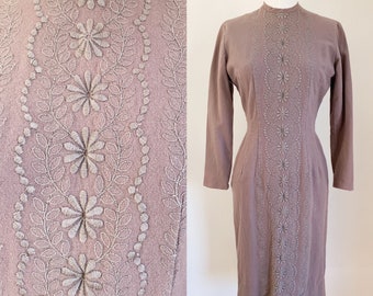 Vintage 1960s Taupe Wool Embroidery Dress / XS